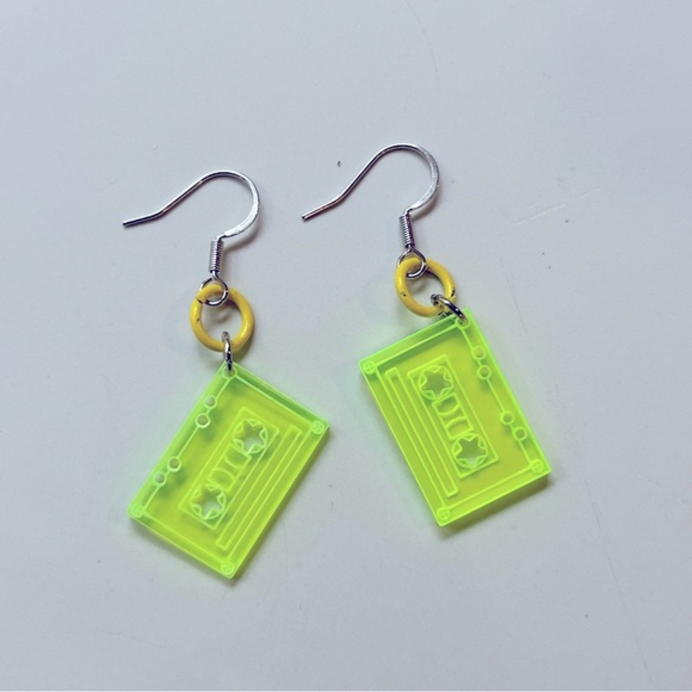 Neon yellow cassette tape earrings,‎ sterling plated nwt